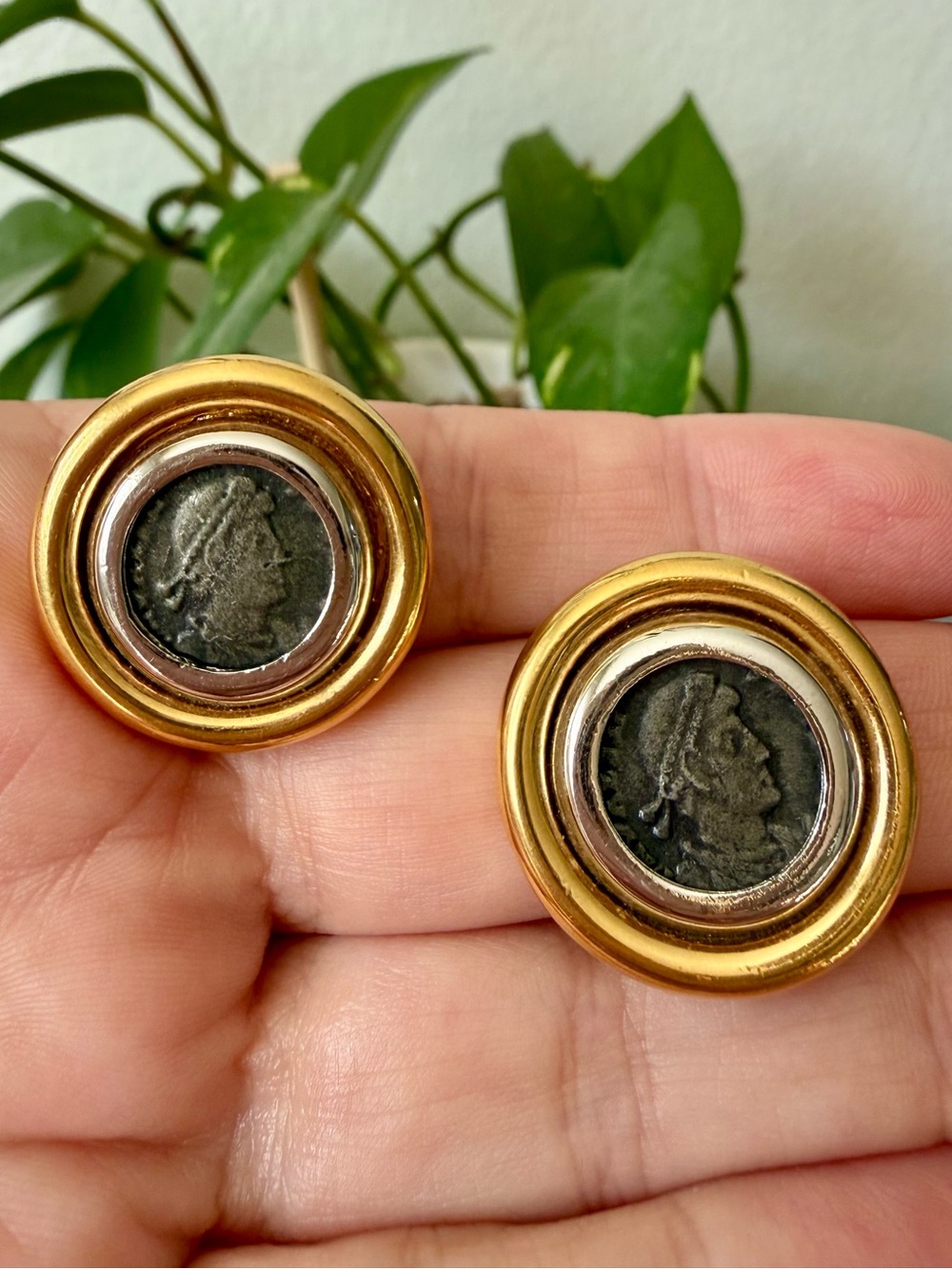 Vintage Ciner Mixed Metals Blackened Roman Coin Earrings Clip Earrings Etruscan